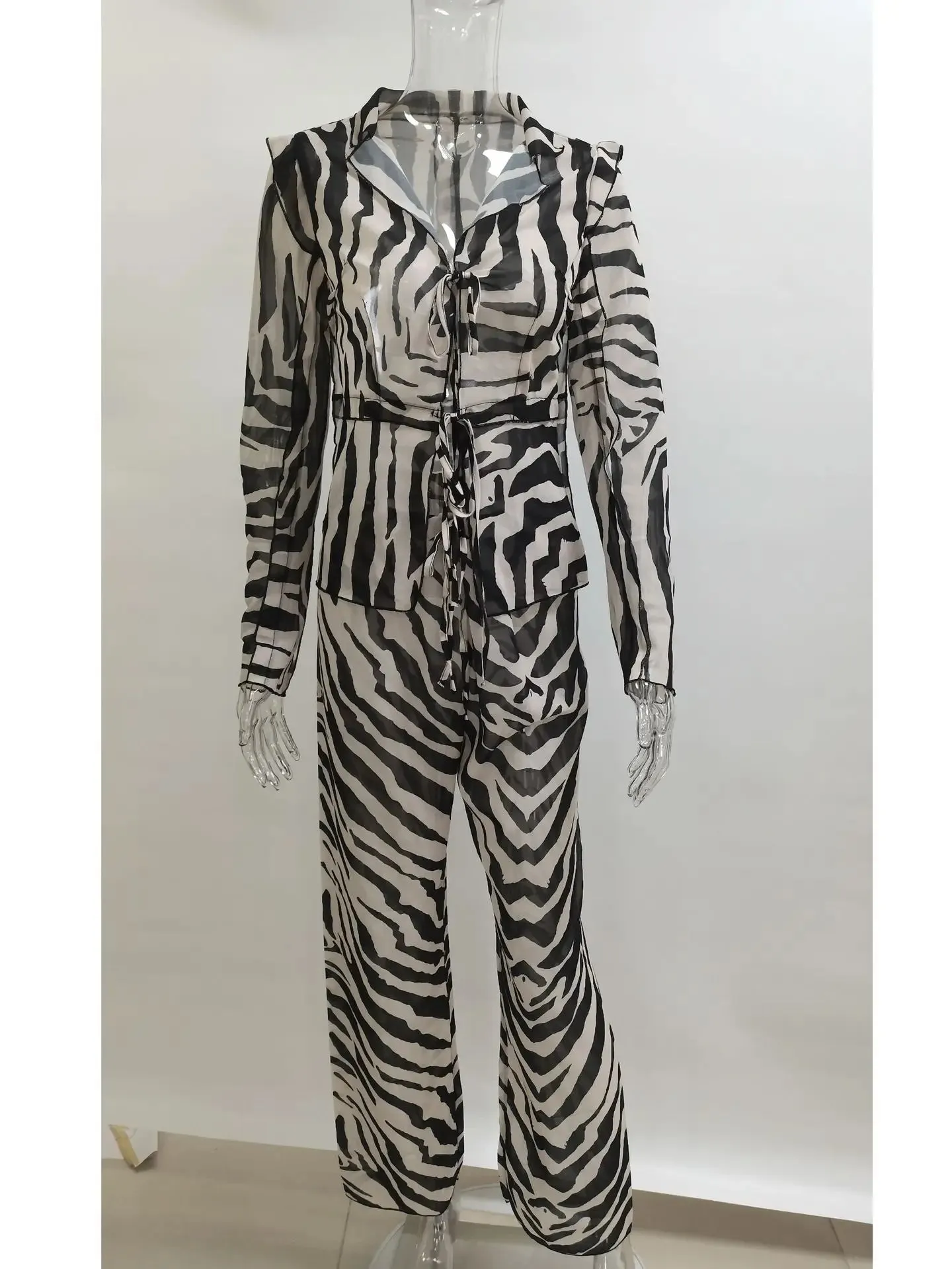 Cryptographic Mesh Print Stripe Tie Top & Pants 2 Piece Sets Beachwear
