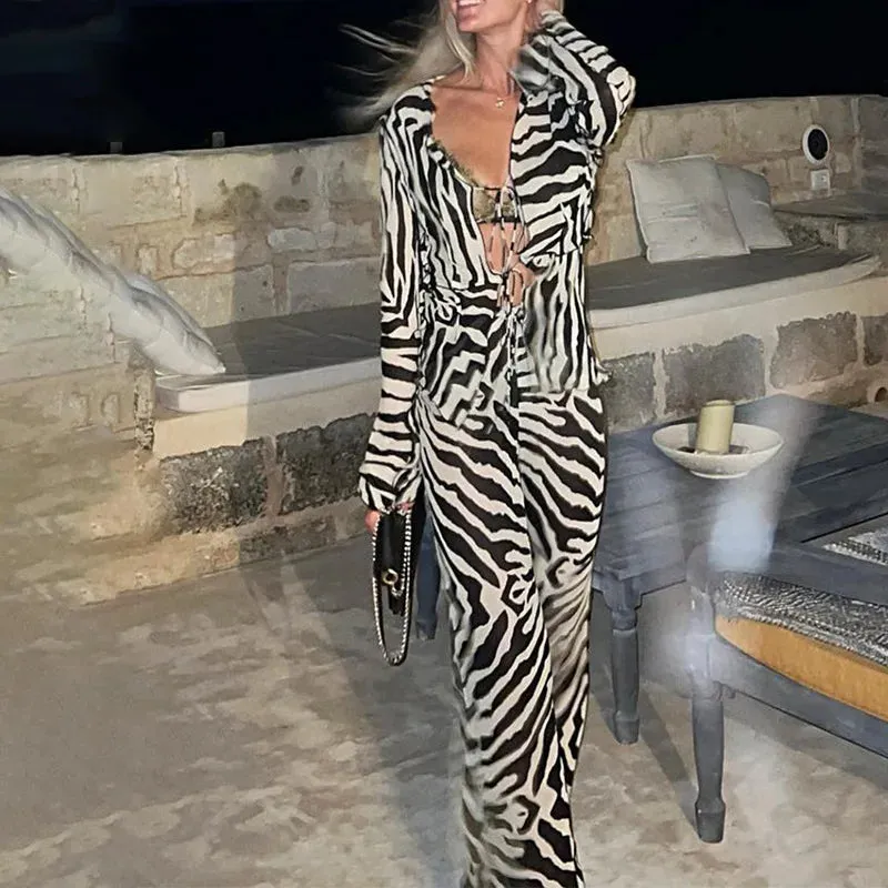 Cryptographic Mesh Print Stripe Tie Top & Pants 2 Piece Sets Beachwear