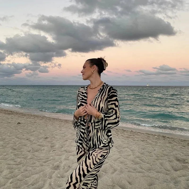 Cryptographic Mesh Print Stripe Tie Top & Pants 2 Piece Sets Beachwear