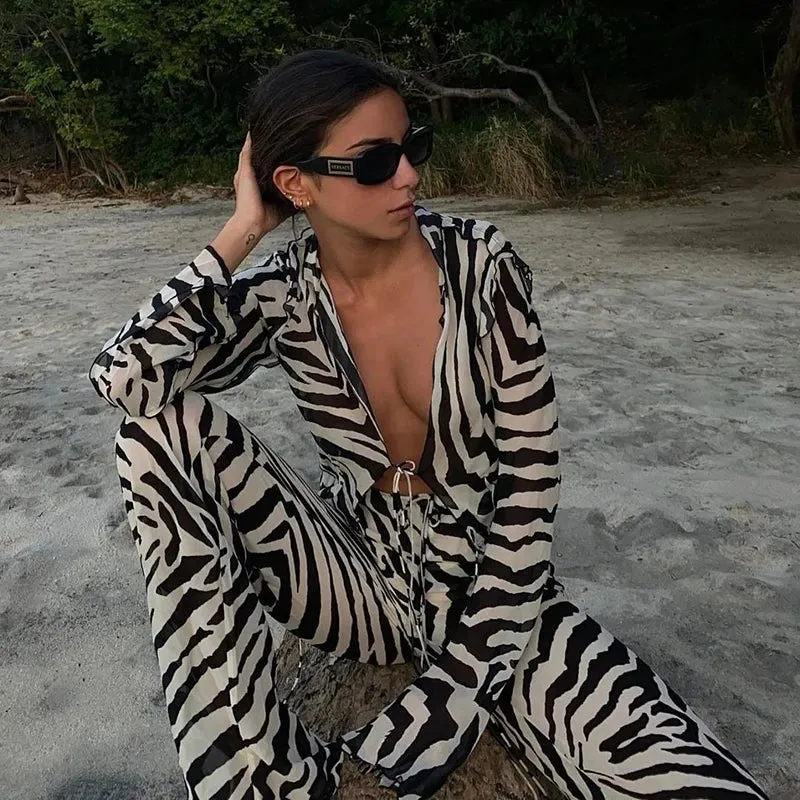 Cryptographic Mesh Print Stripe Tie Top & Pants 2 Piece Sets Beachwear