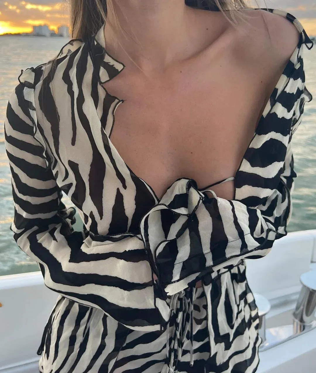 Cryptographic Mesh Print Stripe Tie Top & Pants 2 Piece Sets Beachwear