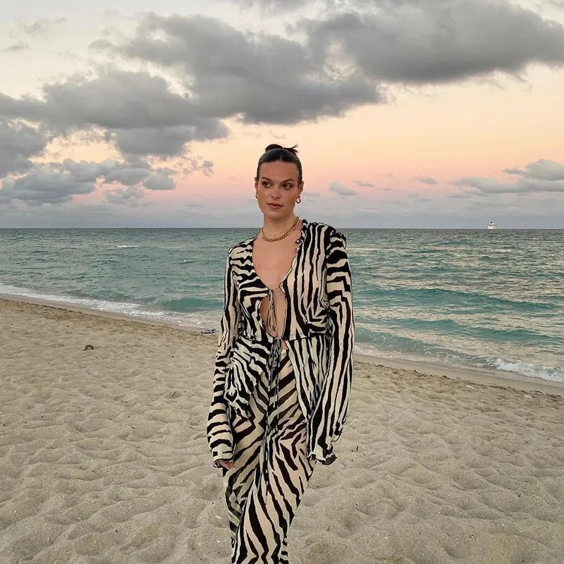 Cryptographic Mesh Print Stripe Tie Top & Pants 2 Piece Sets Beachwear