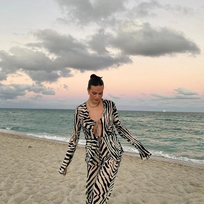 Cryptographic Mesh Print Stripe Tie Top & Pants 2 Piece Sets Beachwear