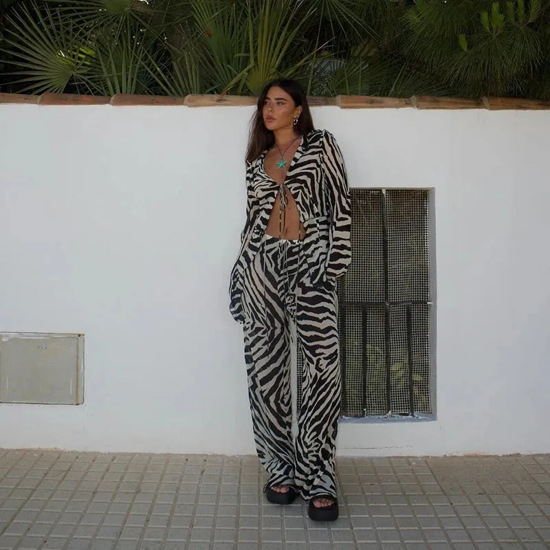 Cryptographic Mesh Print Stripe Tie Top & Pants 2 Piece Sets Beachwear