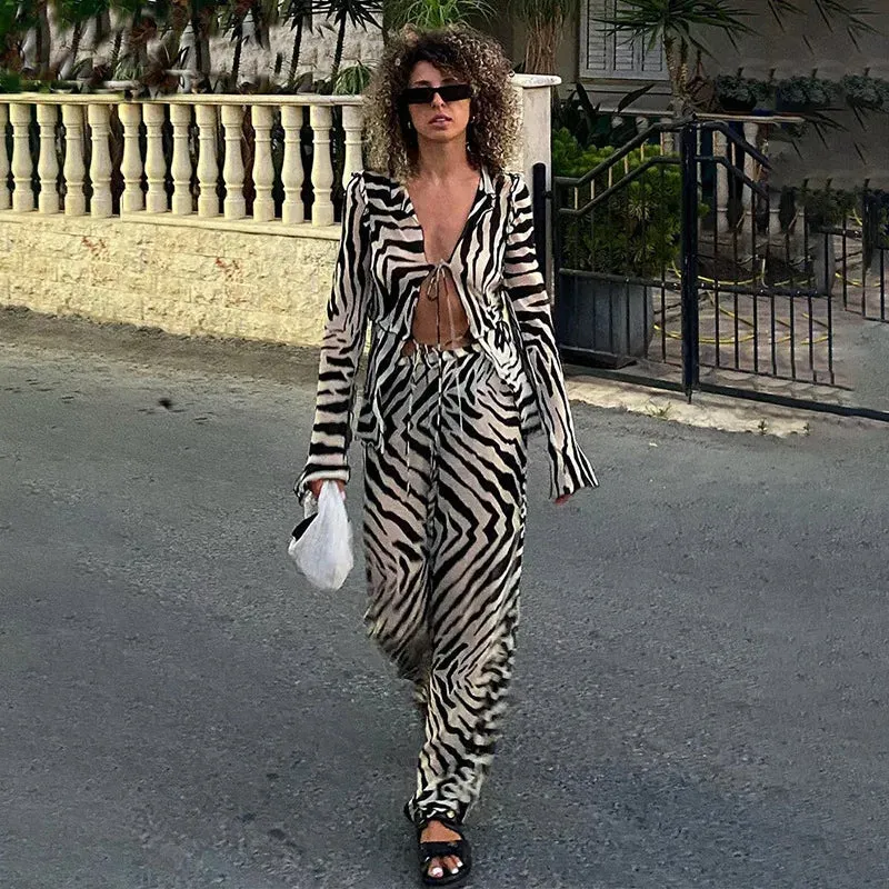 Cryptographic Mesh Print Stripe Tie Top & Pants 2 Piece Sets Beachwear