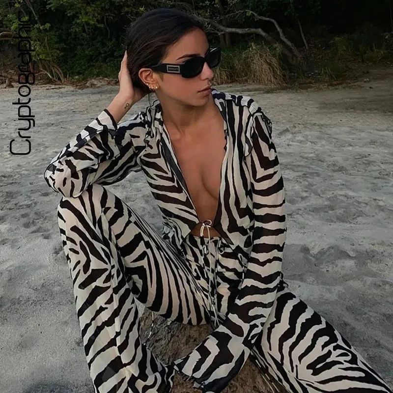Cryptographic Mesh Print Stripe Tie Top & Pants 2 Piece Sets Beachwear