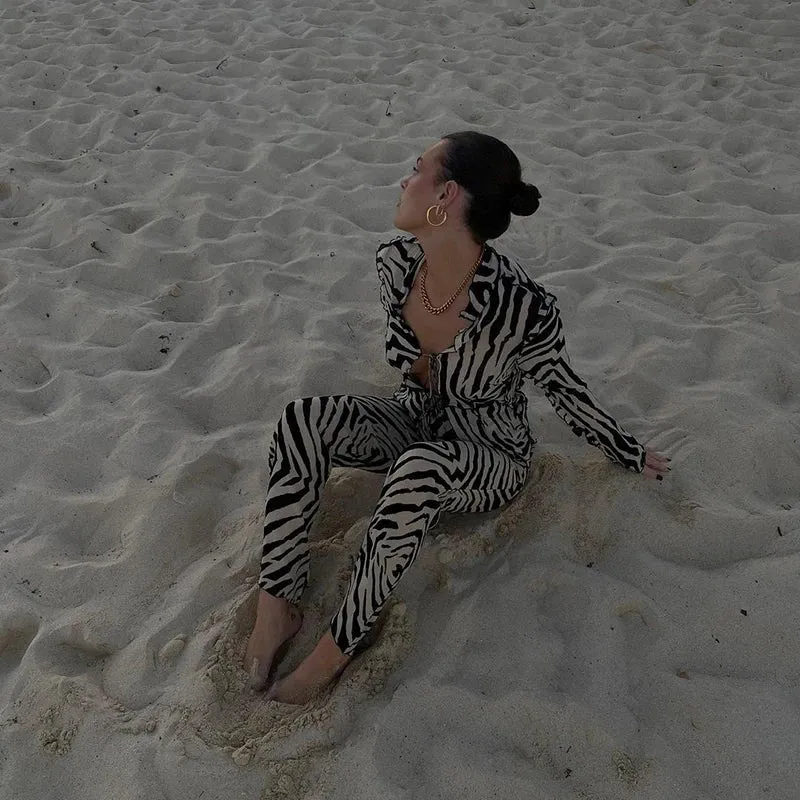 Cryptographic Mesh Print Stripe Tie Top & Pants 2 Piece Sets Beachwear