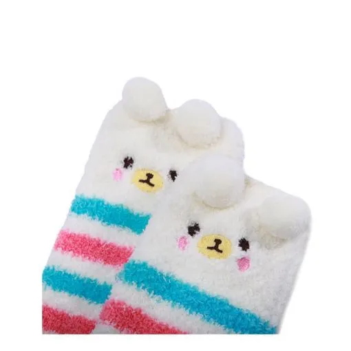 Cute Animal Coral Fleece Thigh High Socks 2 Pack- Owl & Colorful Bear Set