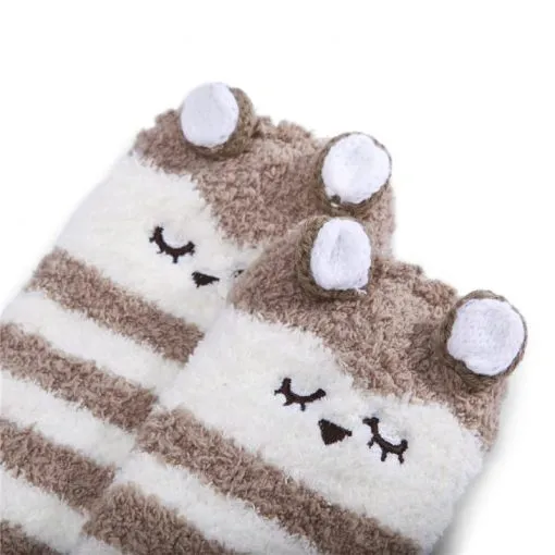 Cute Animal Coral Fleece Thigh High Socks 2 Pack- Owl & Colorful Bear Set