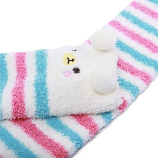 Cute Animal Coral Fleece Thigh High Socks 2 Pack- Owl & Colorful Bear Set