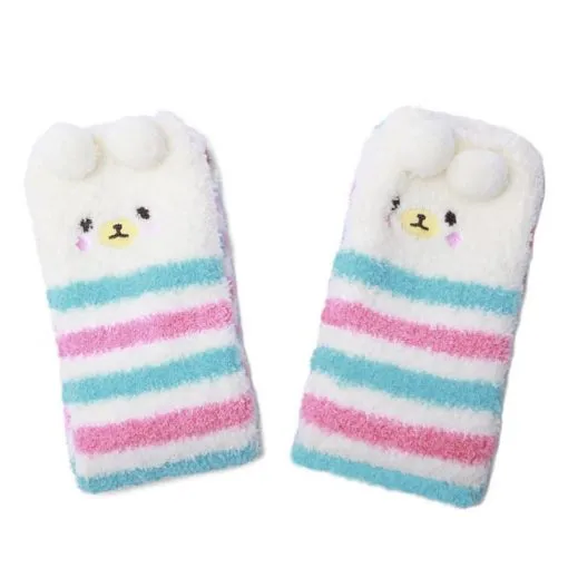 Cute Animal Coral Fleece Thigh High Socks 2 Pack- Owl & Colorful Bear Set