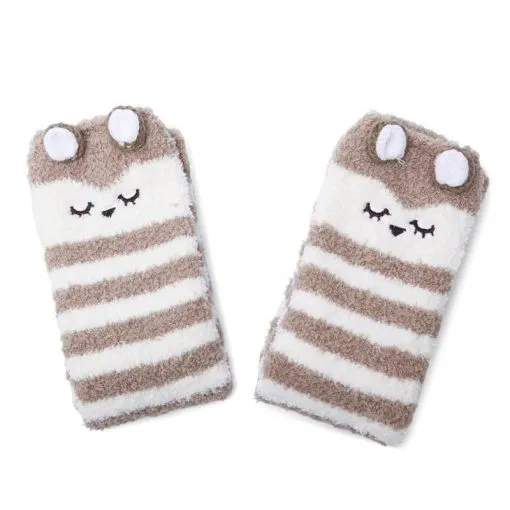 Cute Animal Coral Fleece Thigh High Socks 2 Pack- Owl & Colorful Bear Set