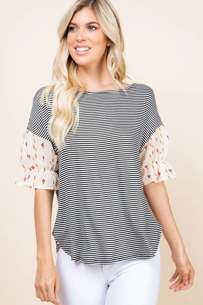 Cute Striped Curved Hem Casual Top