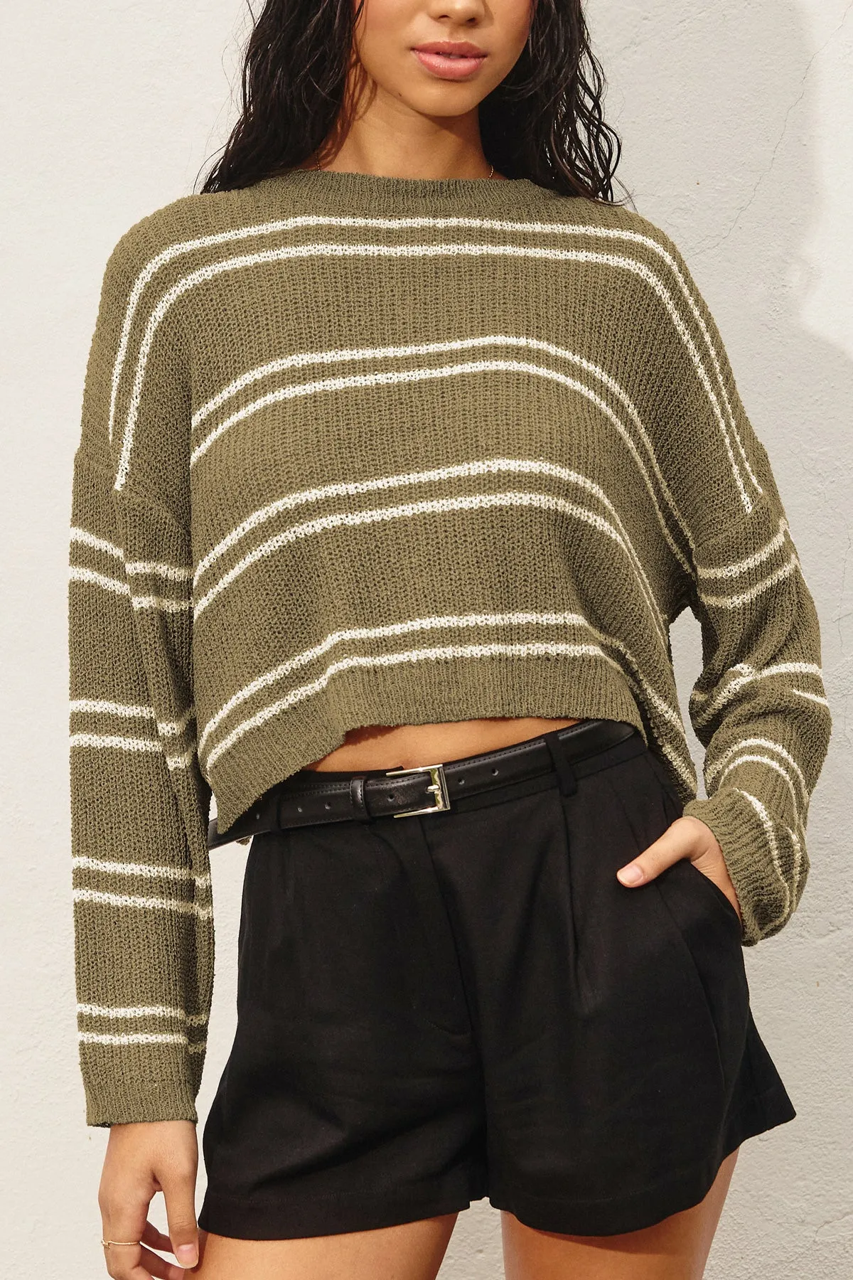 Daria Double Striped Long Sleeve Open Knit Top