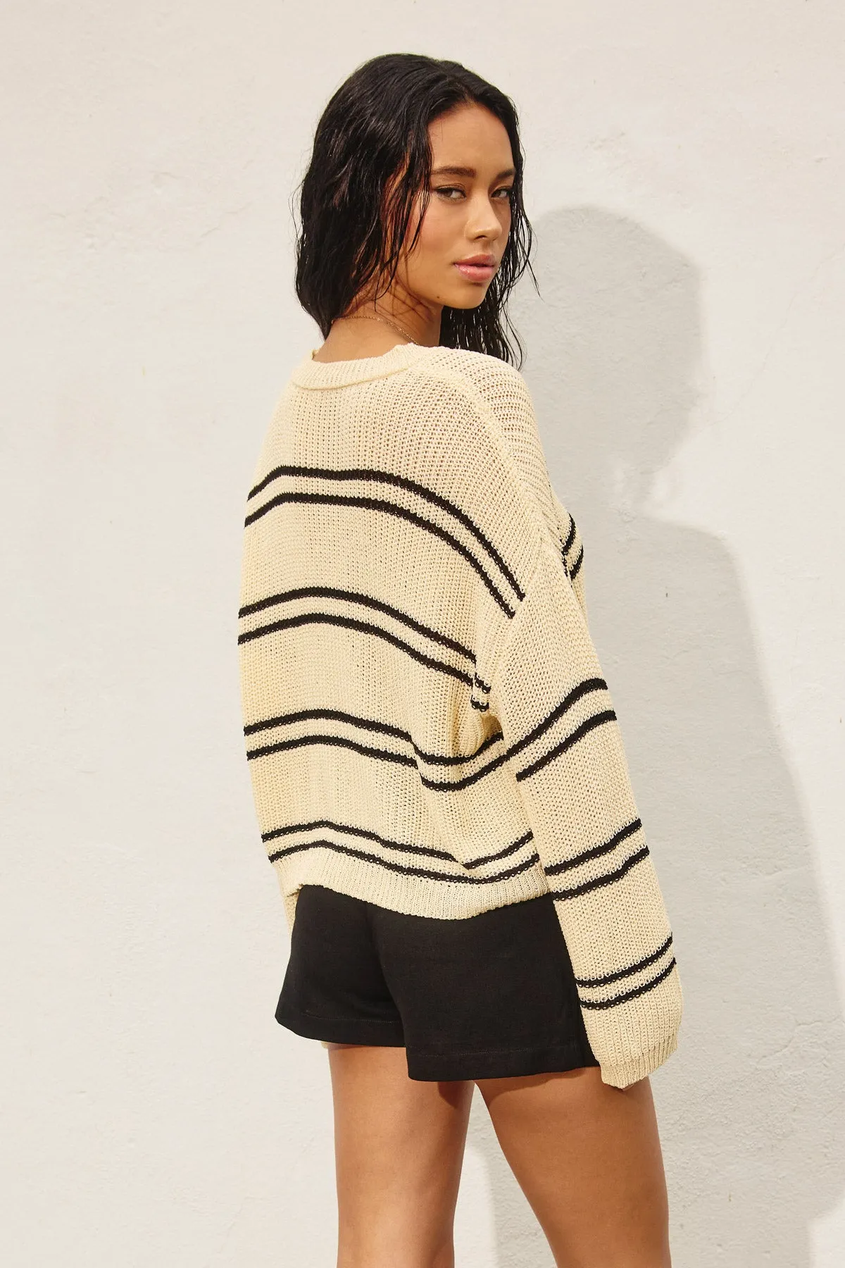 Daria Double Striped Long Sleeve Open Knit Top