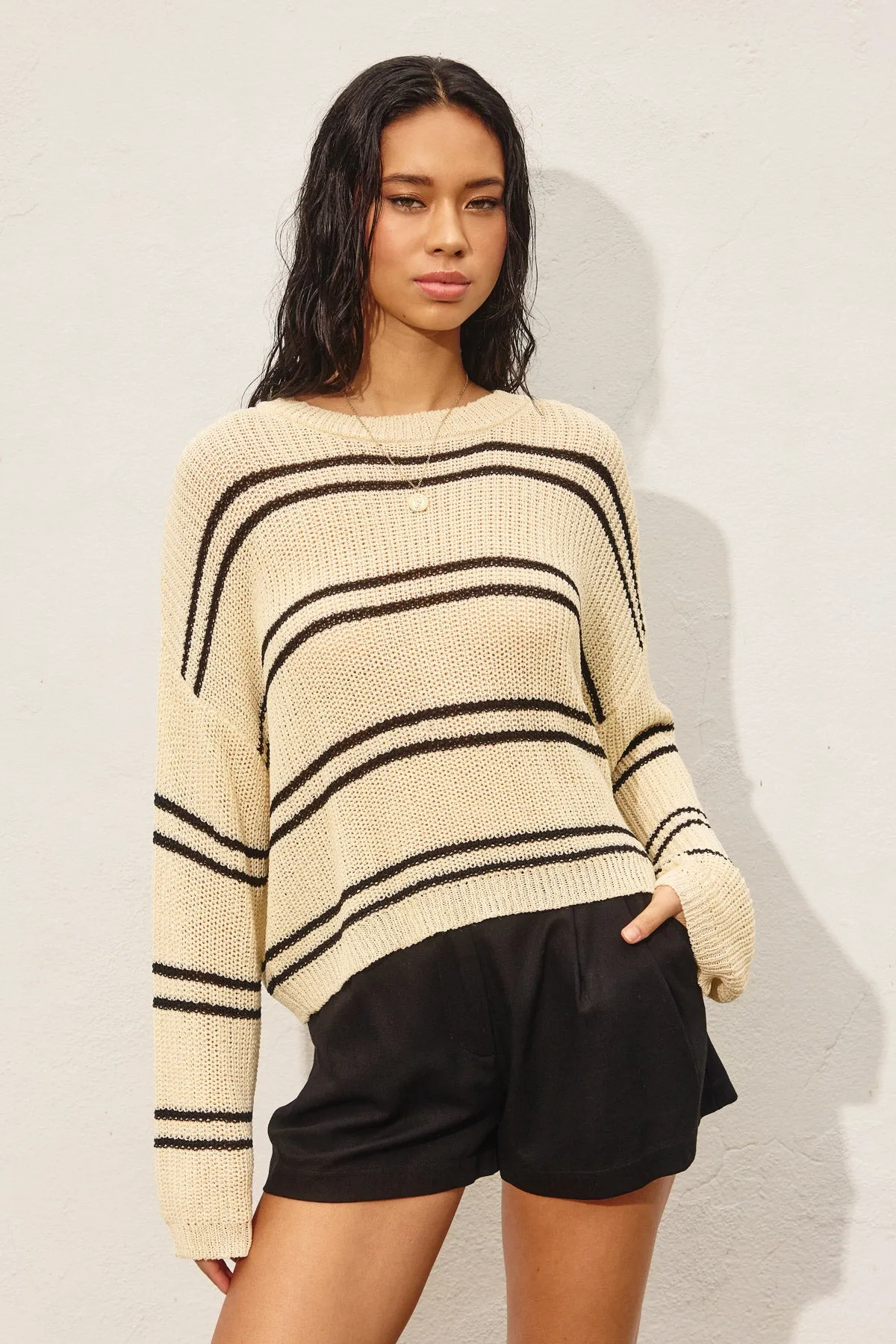 Daria Double Striped Long Sleeve Open Knit Top