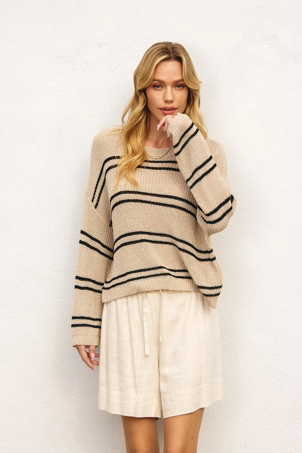 Daria Double Striped Long Sleeve Open Knit Top