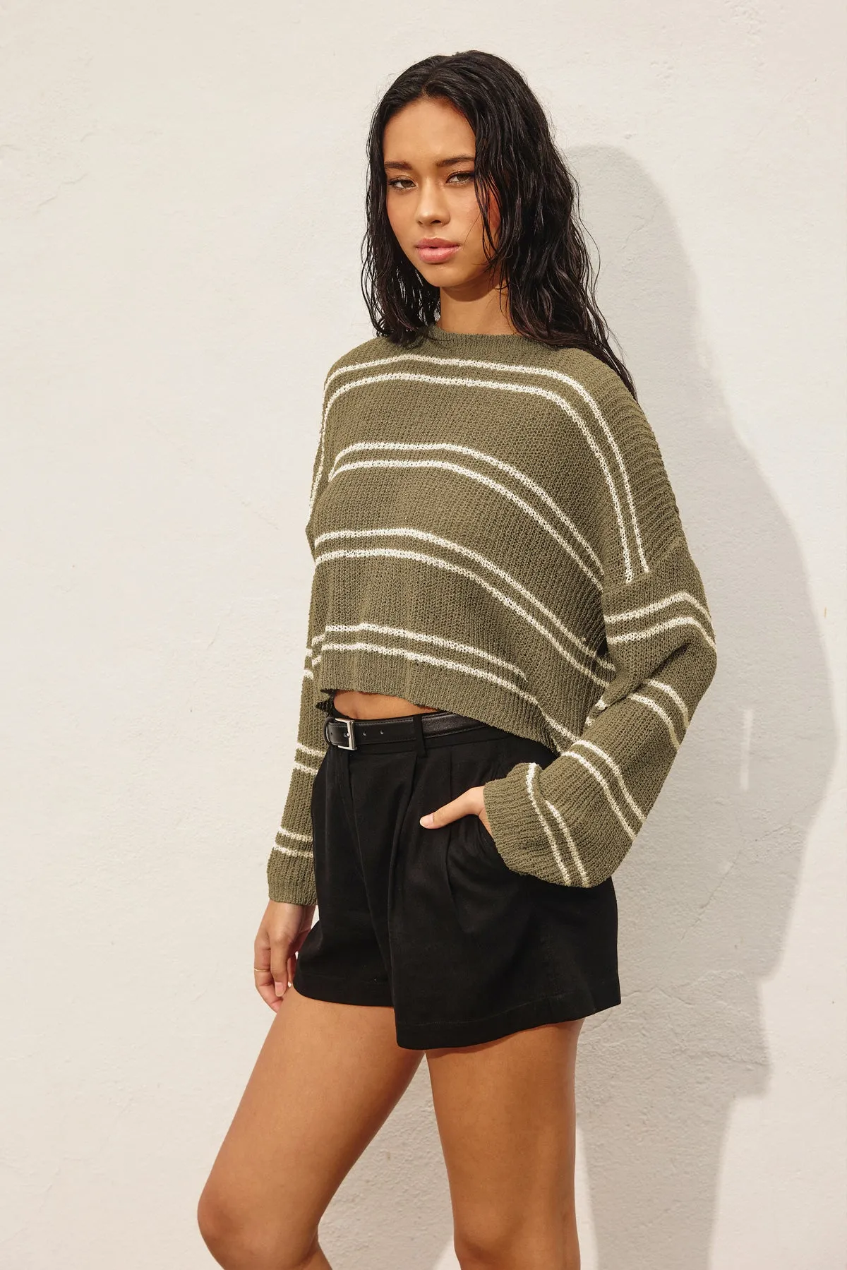 Daria Double Striped Long Sleeve Open Knit Top