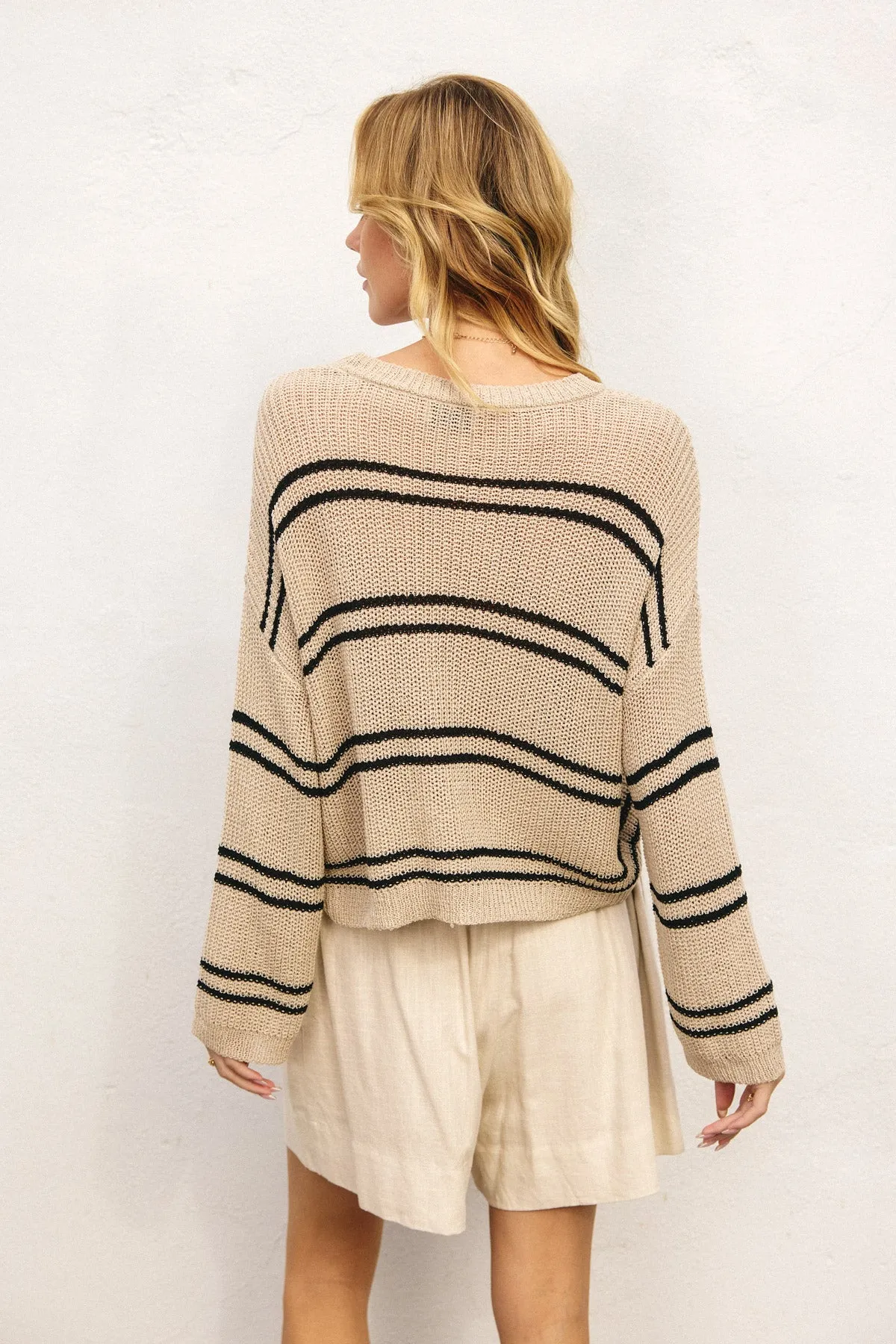 Daria Double Striped Long Sleeve Open Knit Top