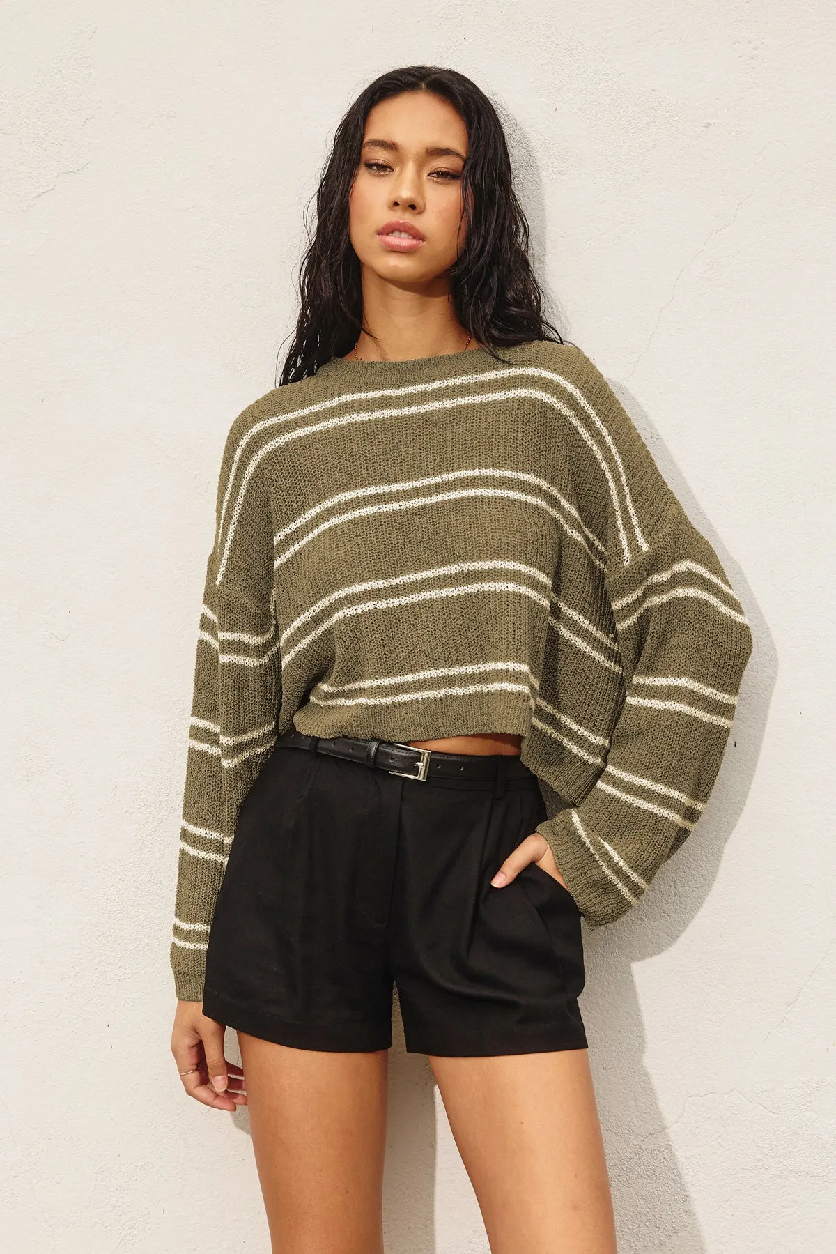 Daria Double Striped Long Sleeve Open Knit Top