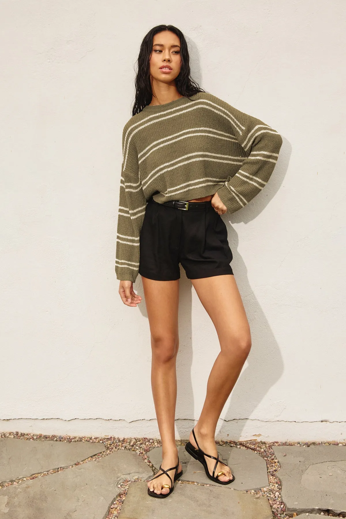 Daria Double Striped Long Sleeve Open Knit Top