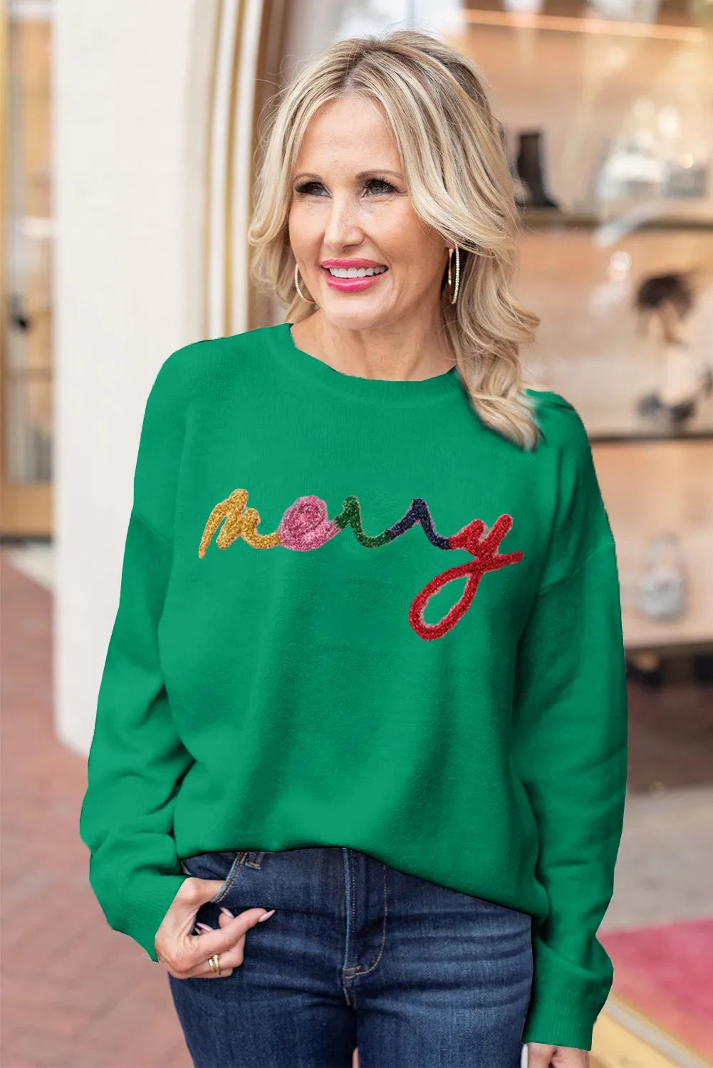Dark Green Holly Jolly Round Neck Casual Sweater