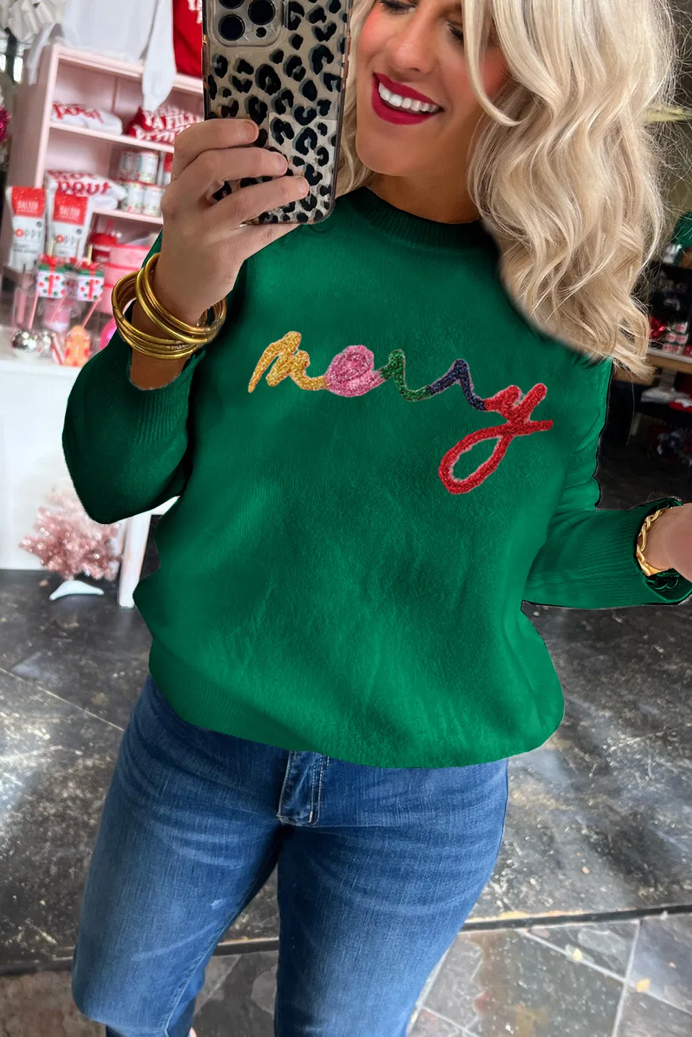 Dark Green Holly Jolly Round Neck Casual Sweater
