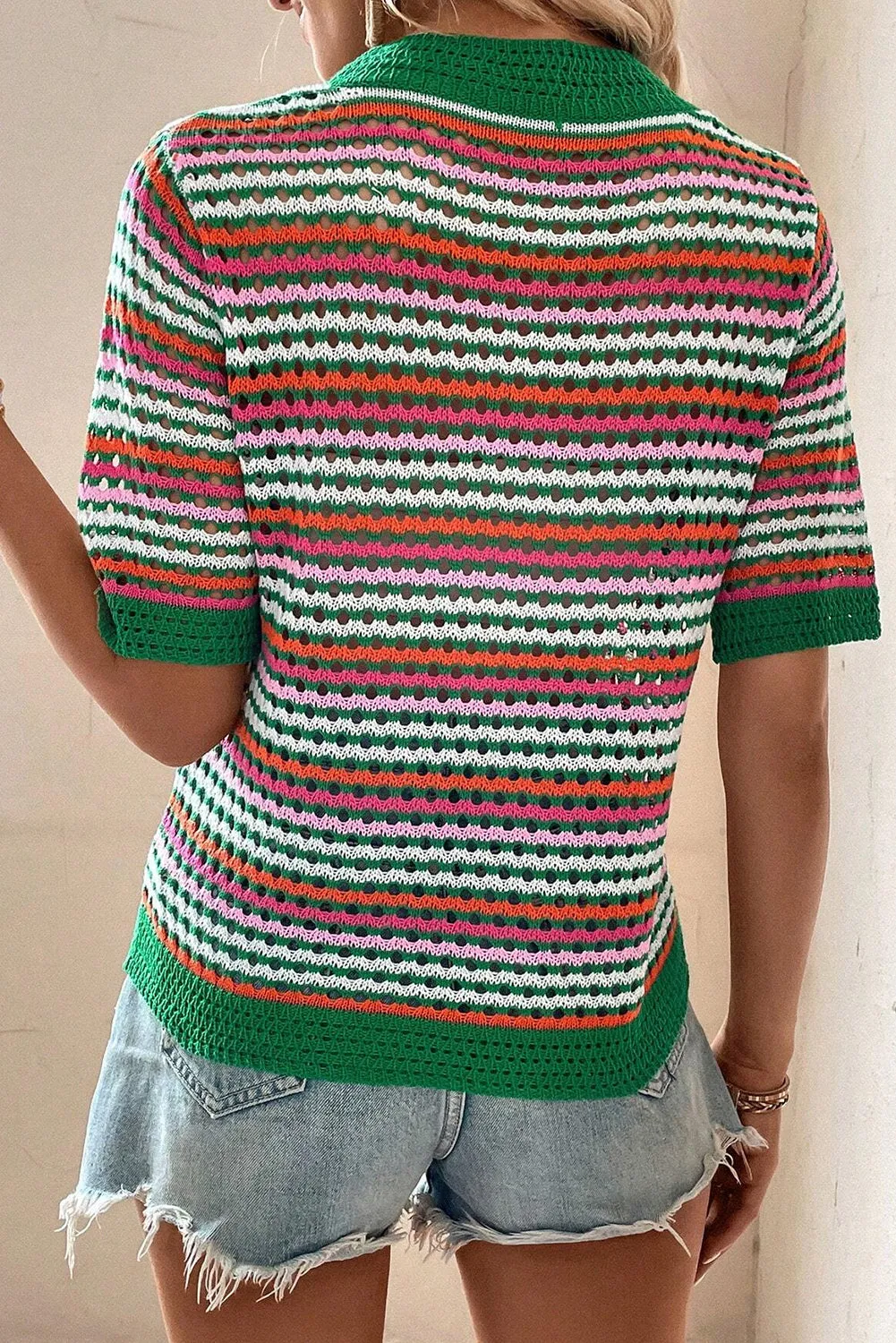Dark Green Striped Pattern Hollow Out Contrast Trim Knit T Shirt