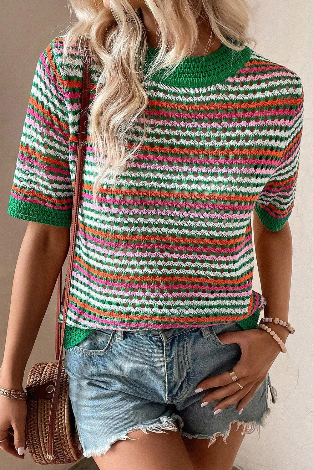 Dark Green Striped Pattern Hollow Out Contrast Trim Knit T Shirt