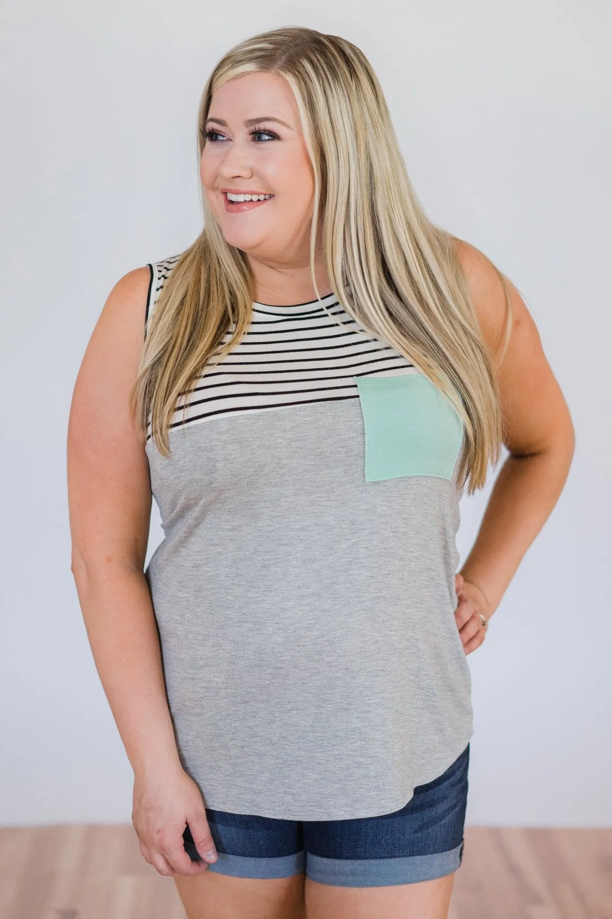 Day by Day Striped Pocket Tank Top- Mint