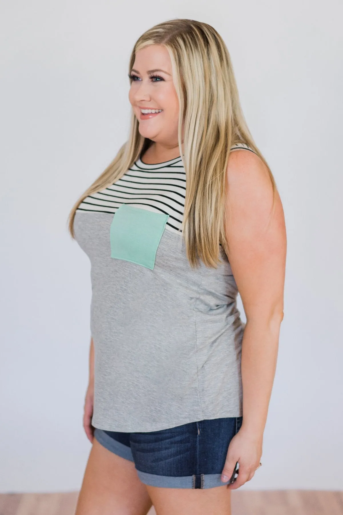Day by Day Striped Pocket Tank Top- Mint