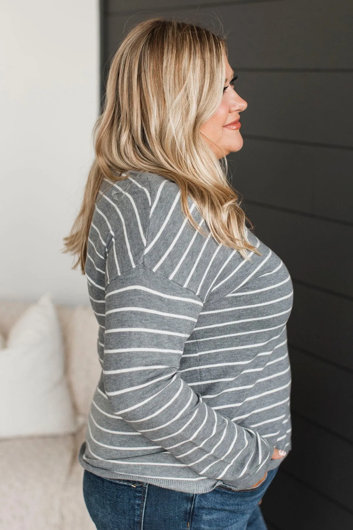 Delighted By This Striped Sweater- Heather Grey