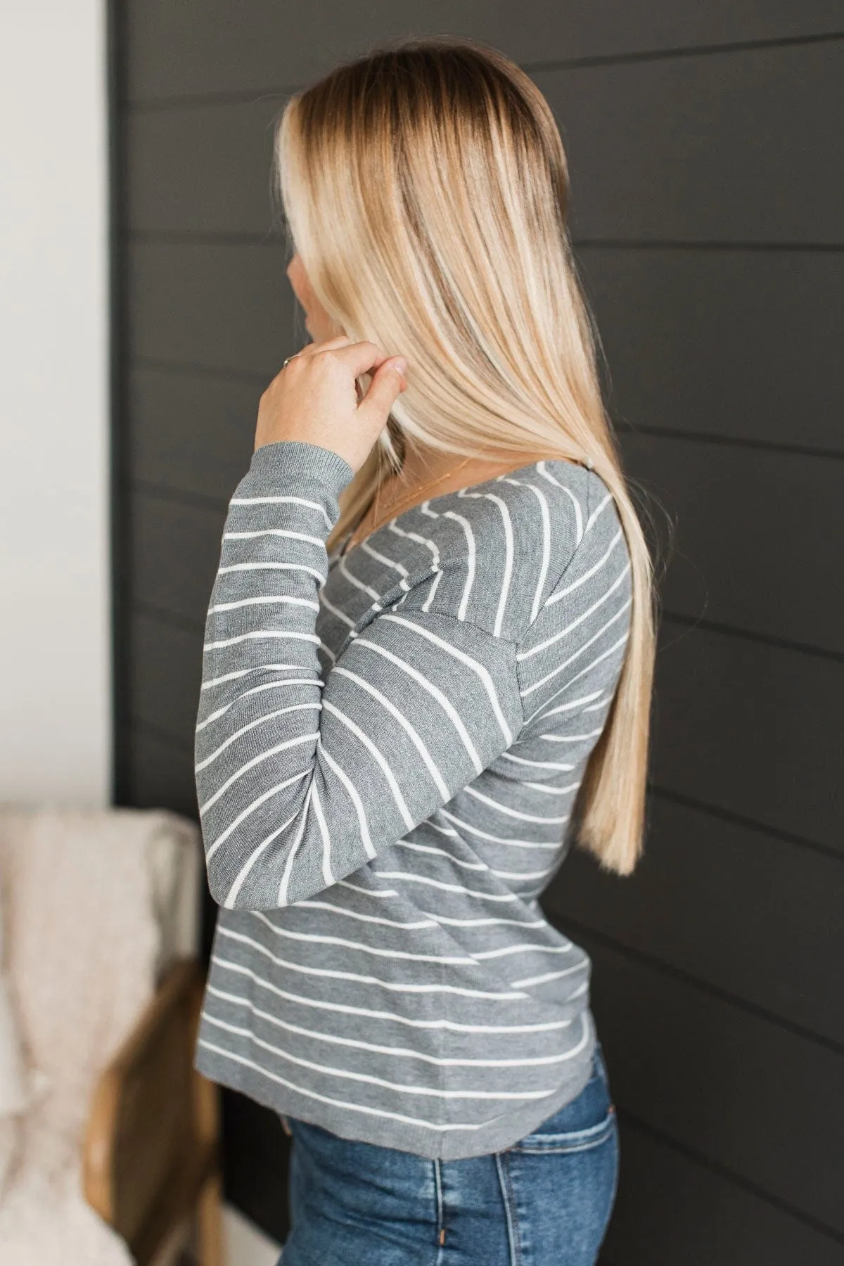 Delighted By This Striped Sweater- Heather Grey