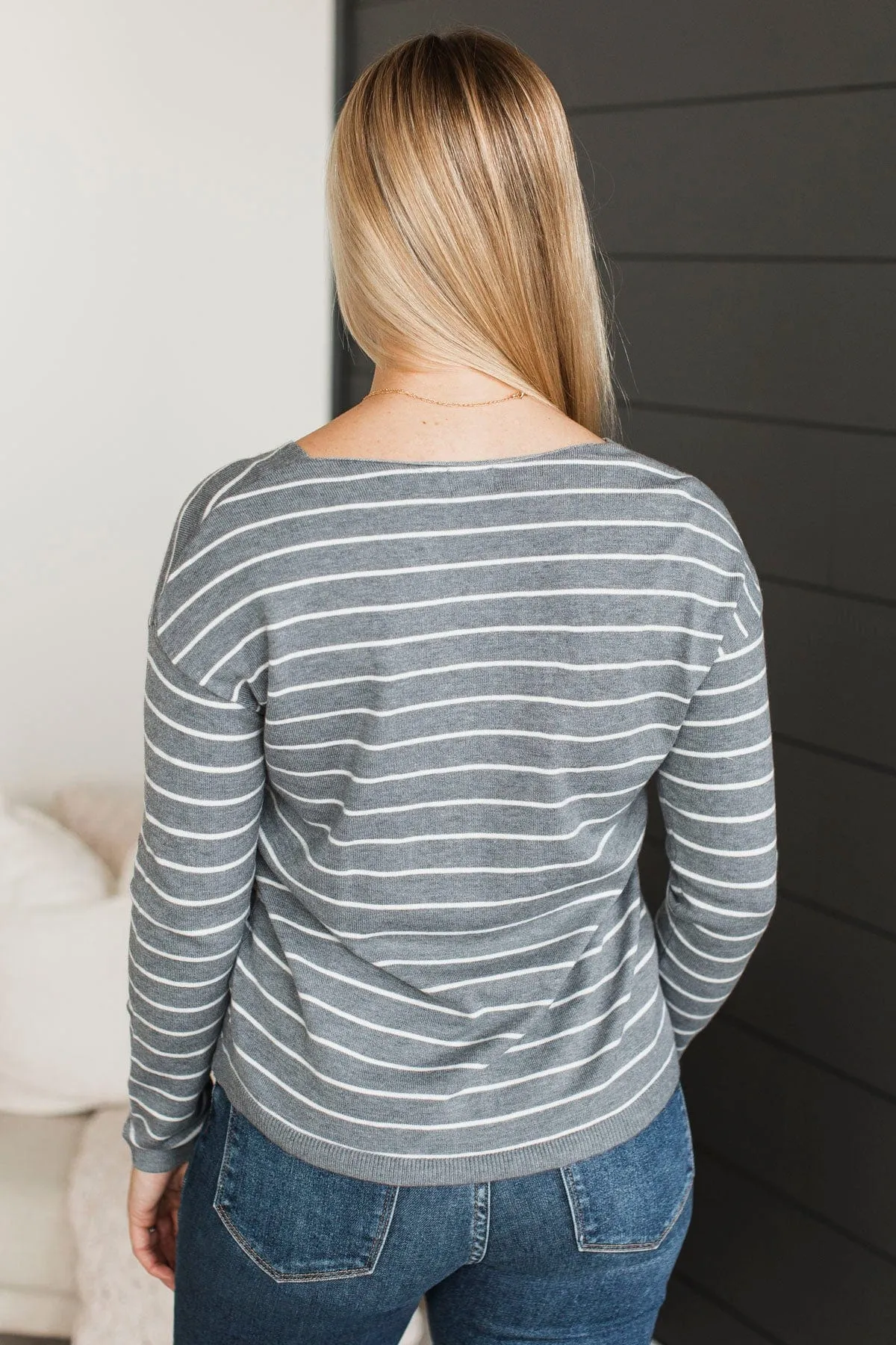 Delighted By This Striped Sweater- Heather Grey