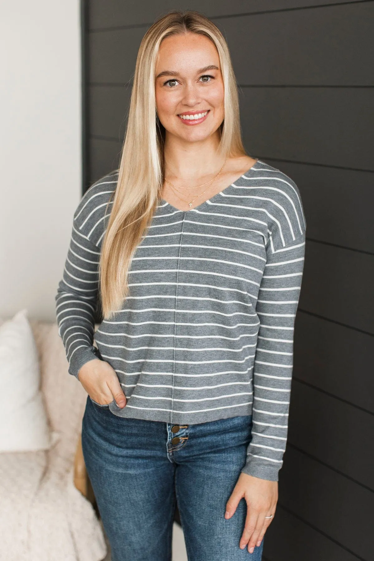 Delighted By This Striped Sweater- Heather Grey