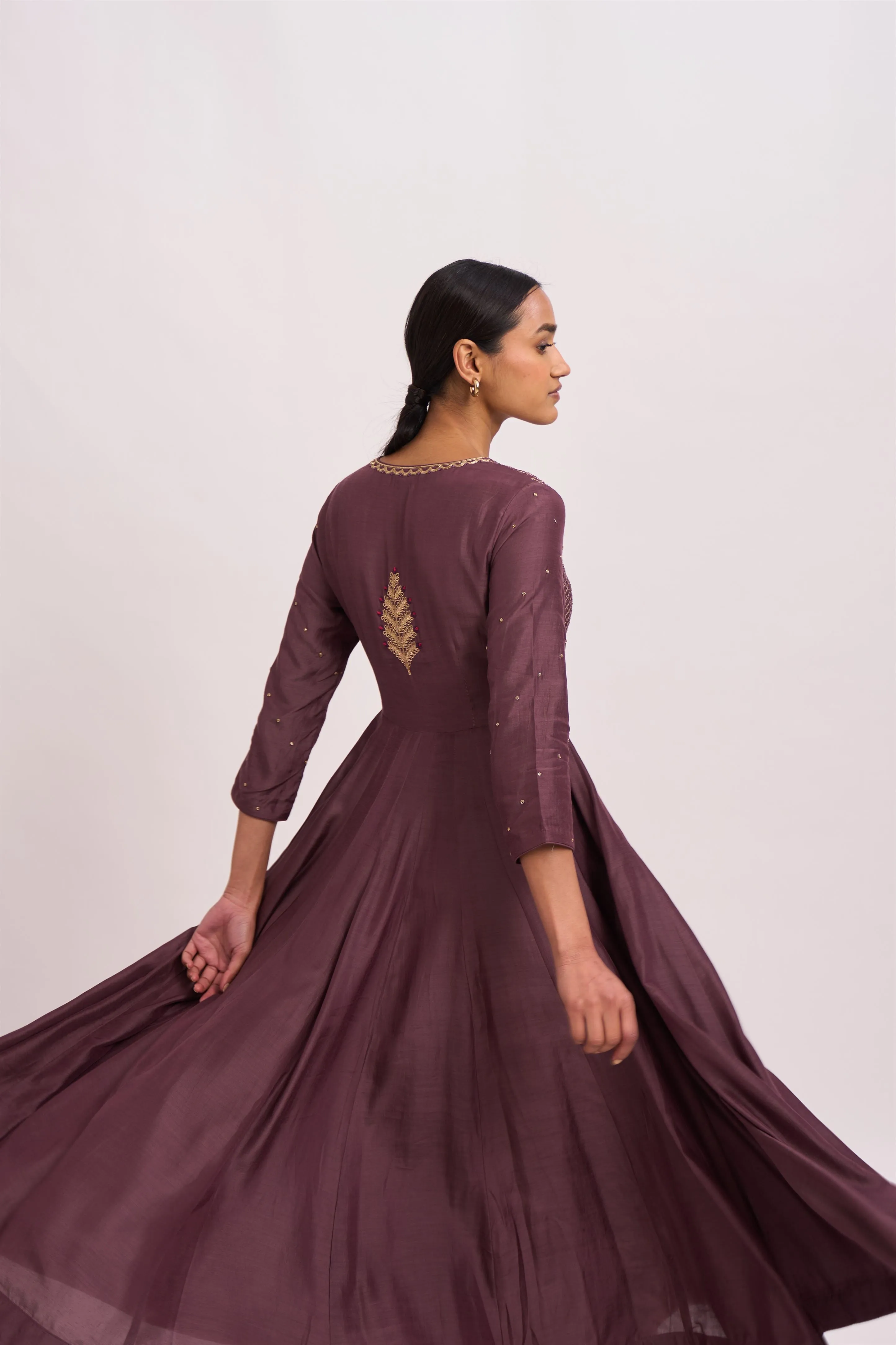 Dot   I   Lavani Bur Old Wine Kurta Set Cotton Silk Anarkali and Pants with Chanderi Dupatta Wine SS24-B2-56