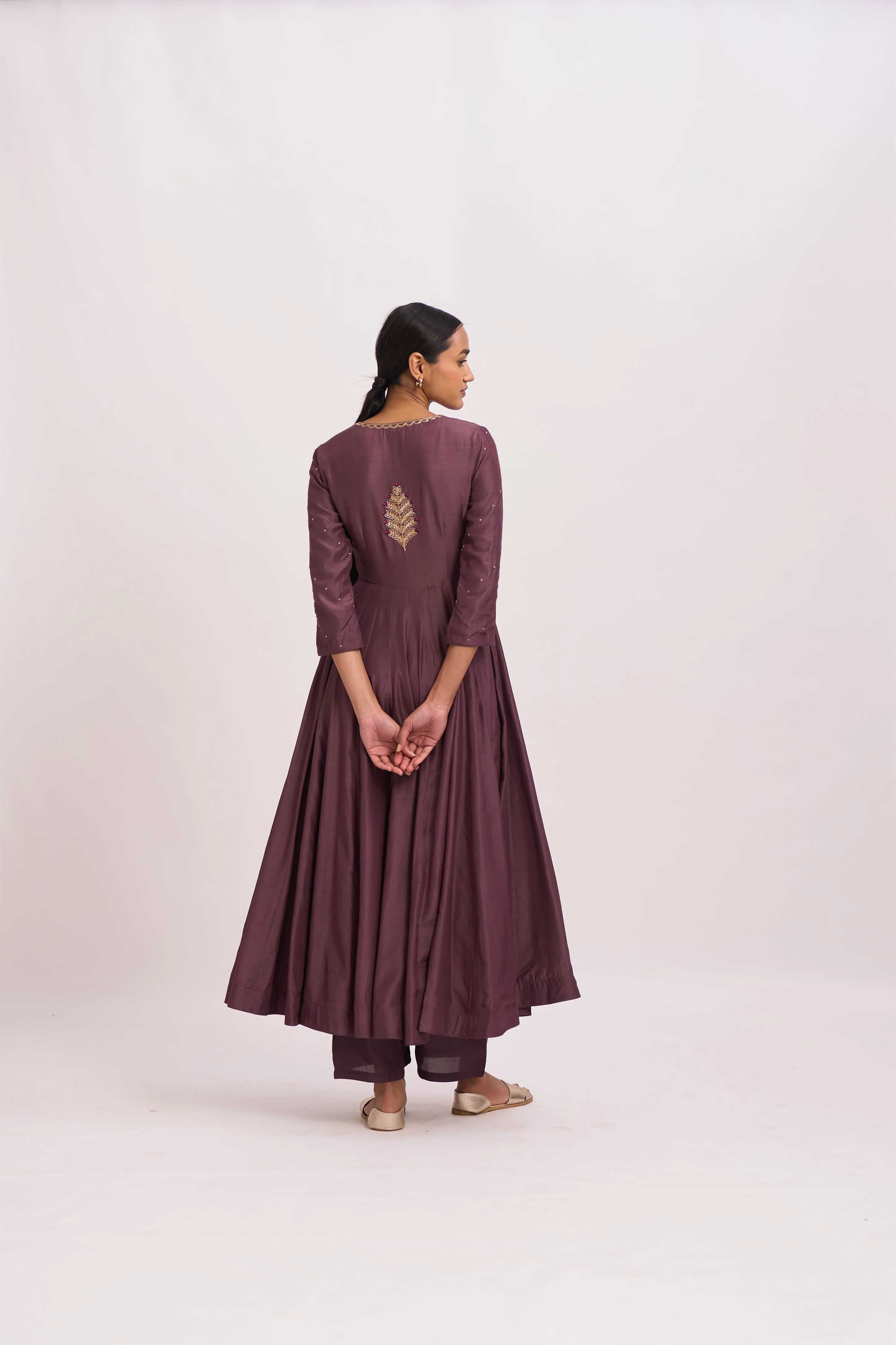 Dot   I   Lavani Bur Old Wine Kurta Set Cotton Silk Anarkali and Pants with Chanderi Dupatta Wine SS24-B2-56