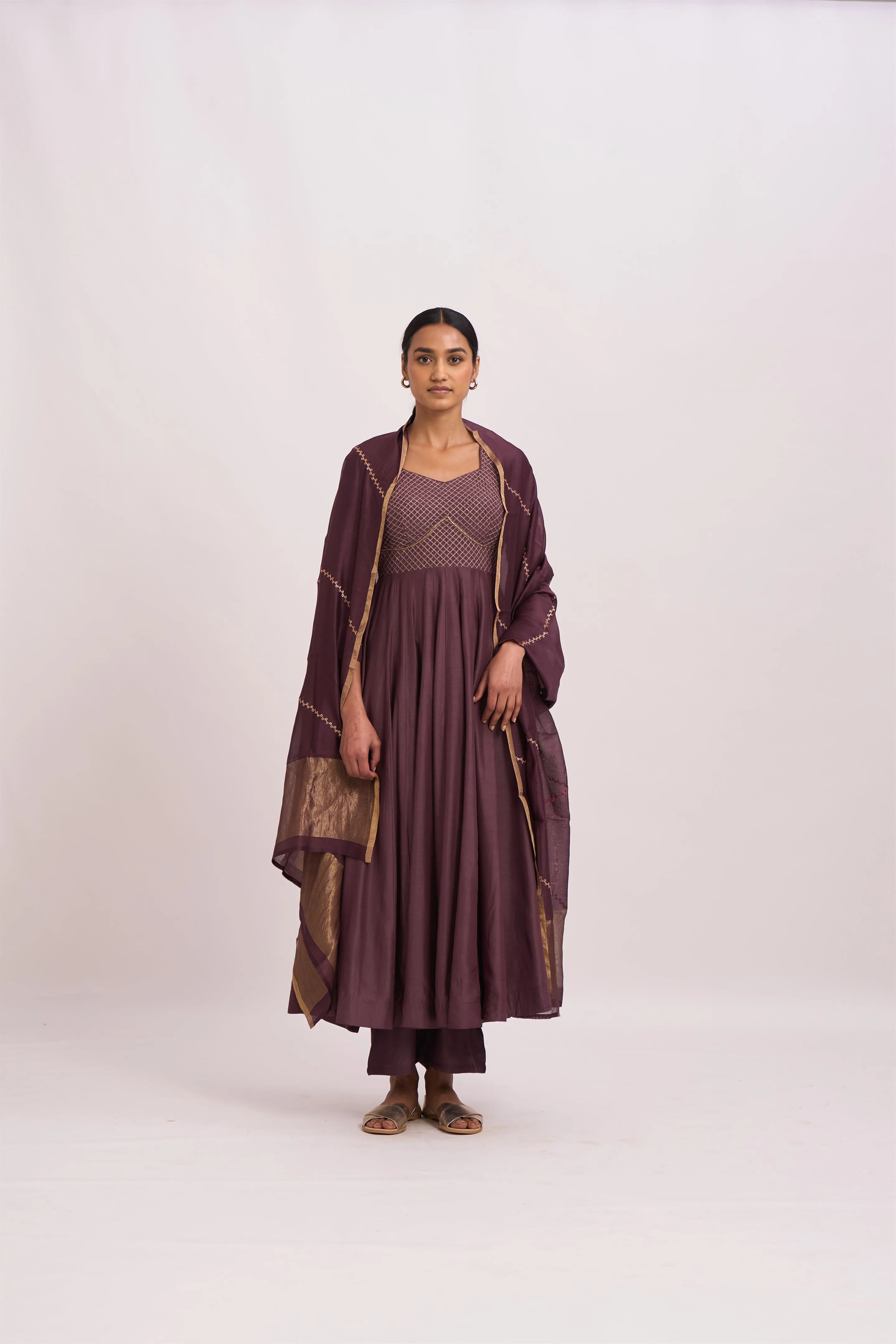 Dot   I   Lavani Bur Old Wine Kurta Set Cotton Silk Anarkali and Pants with Chanderi Dupatta Wine SS24-B2-56