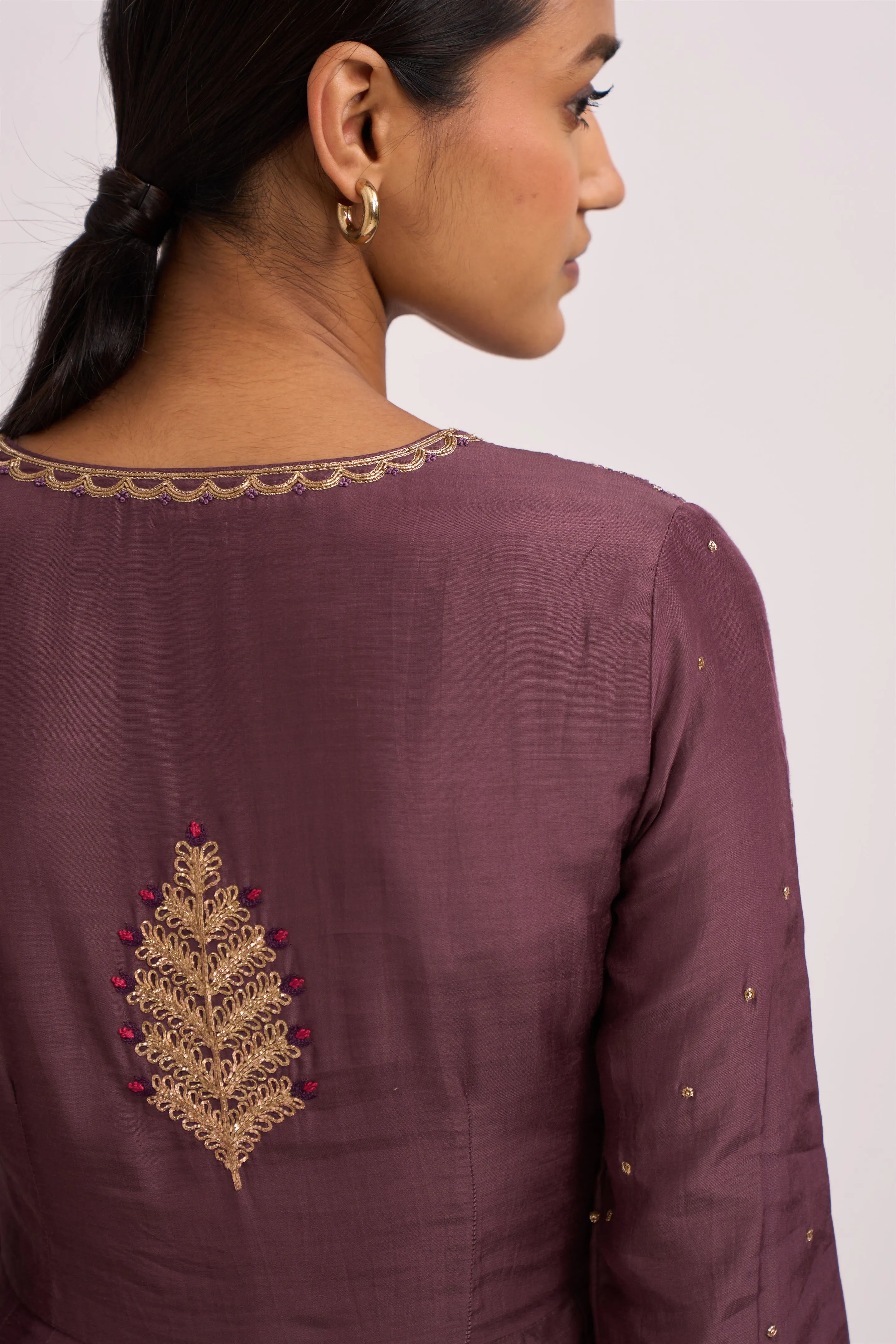 Dot   I   Lavani Bur Old Wine Kurta Set Cotton Silk Anarkali and Pants with Chanderi Dupatta Wine SS24-B2-56