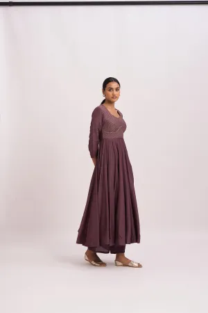 Dot   I   Lavani Bur Old Wine Kurta Set Cotton Silk Anarkali and Pants with Chanderi Dupatta Wine SS24-B2-56