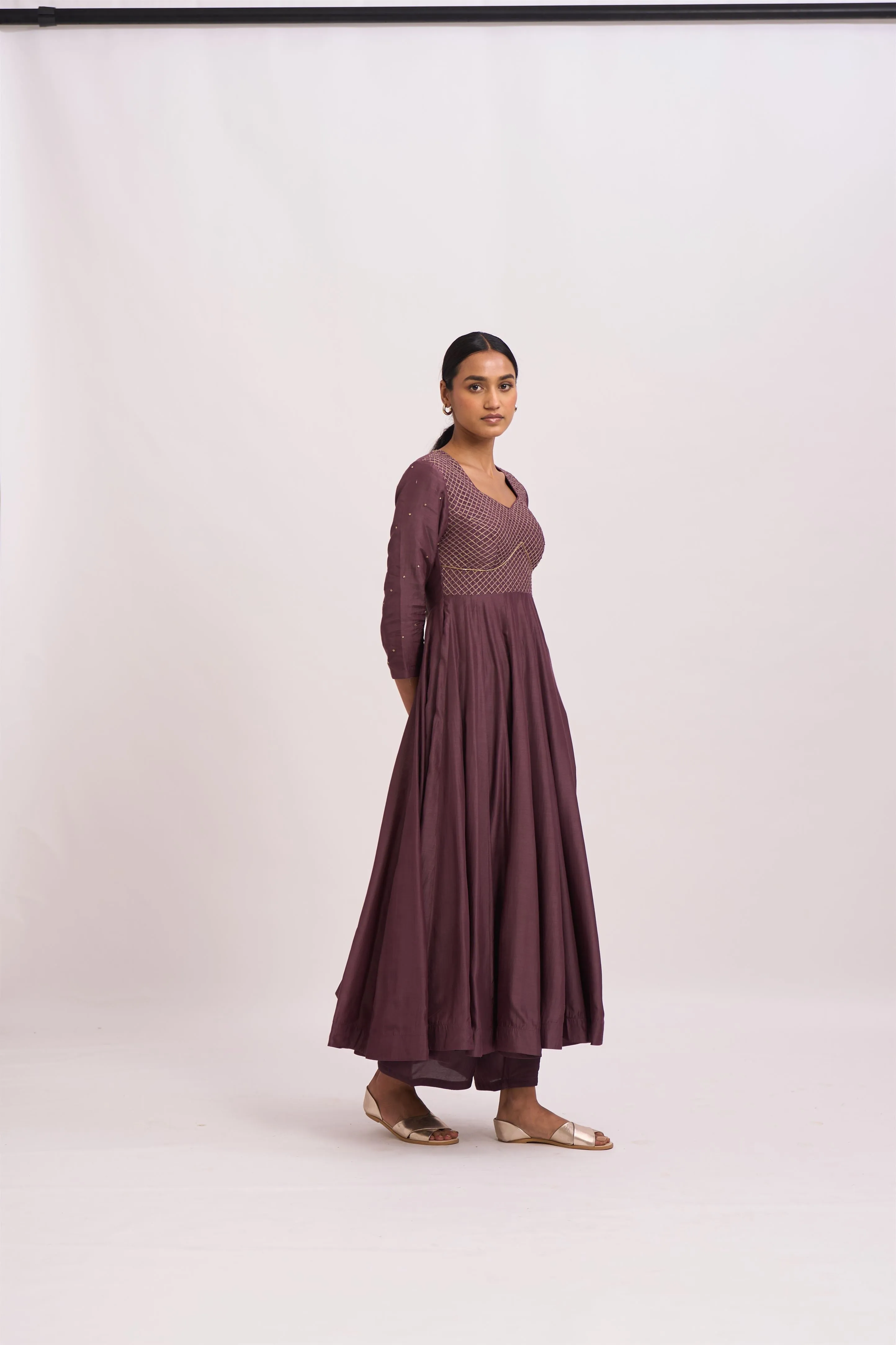 Dot   I   Lavani Bur Old Wine Kurta Set Cotton Silk Anarkali and Pants with Chanderi Dupatta Wine SS24-B2-56