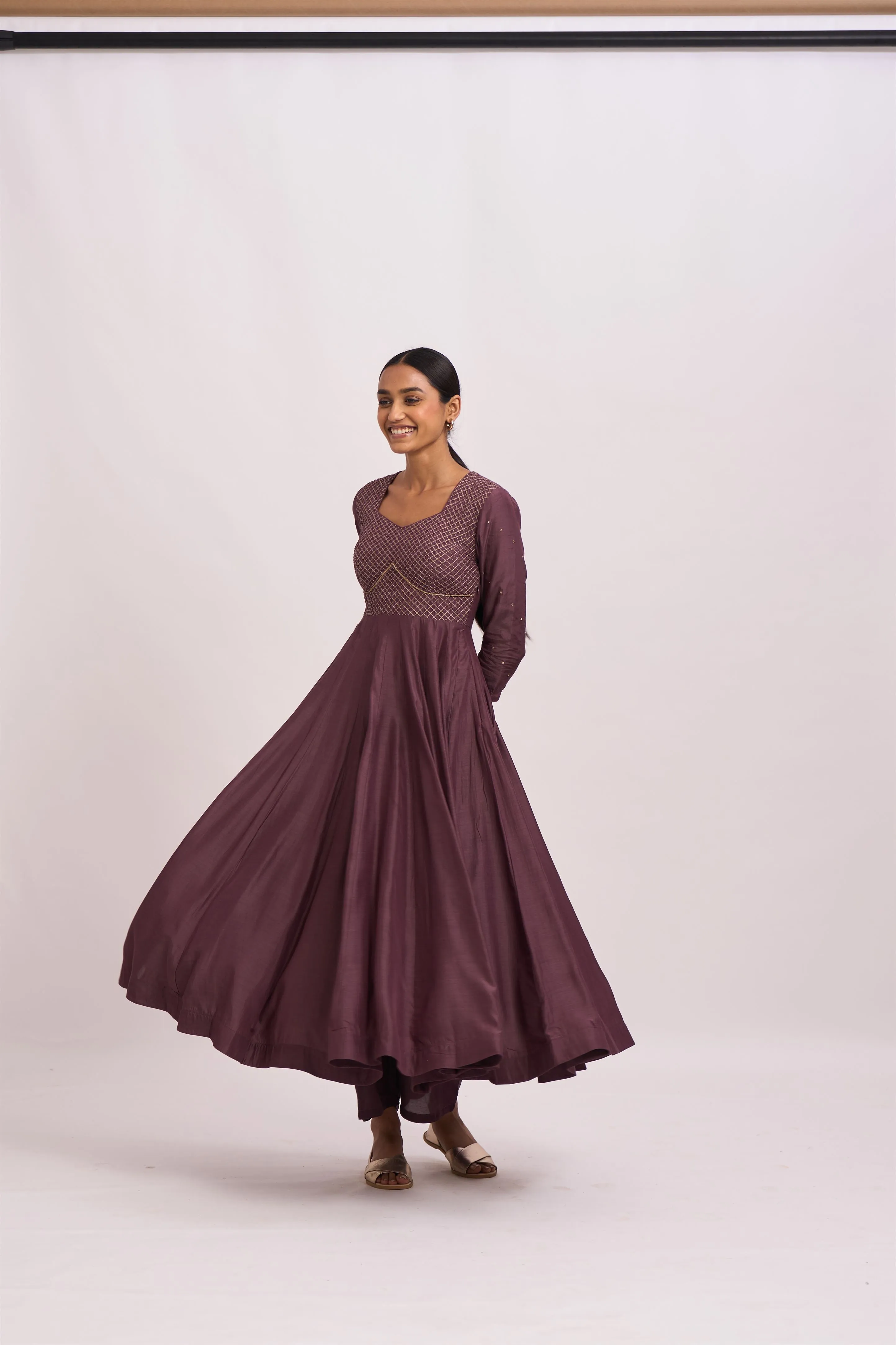 Dot   I   Lavani Bur Old Wine Kurta Set Cotton Silk Anarkali and Pants with Chanderi Dupatta Wine SS24-B2-56
