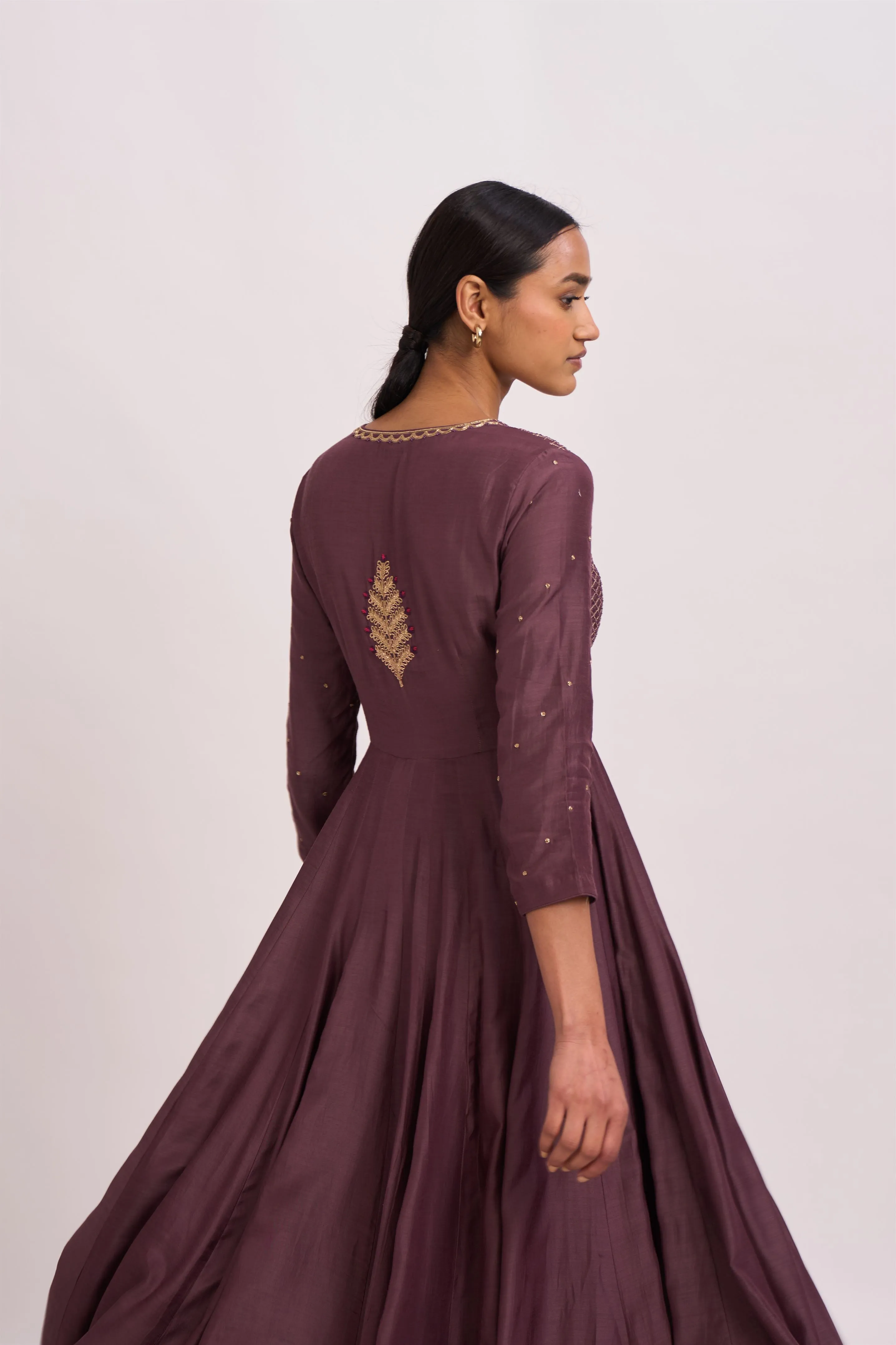 Dot   I   Lavani Bur Old Wine Kurta Set Cotton Silk Anarkali and Pants with Chanderi Dupatta Wine SS24-B2-56