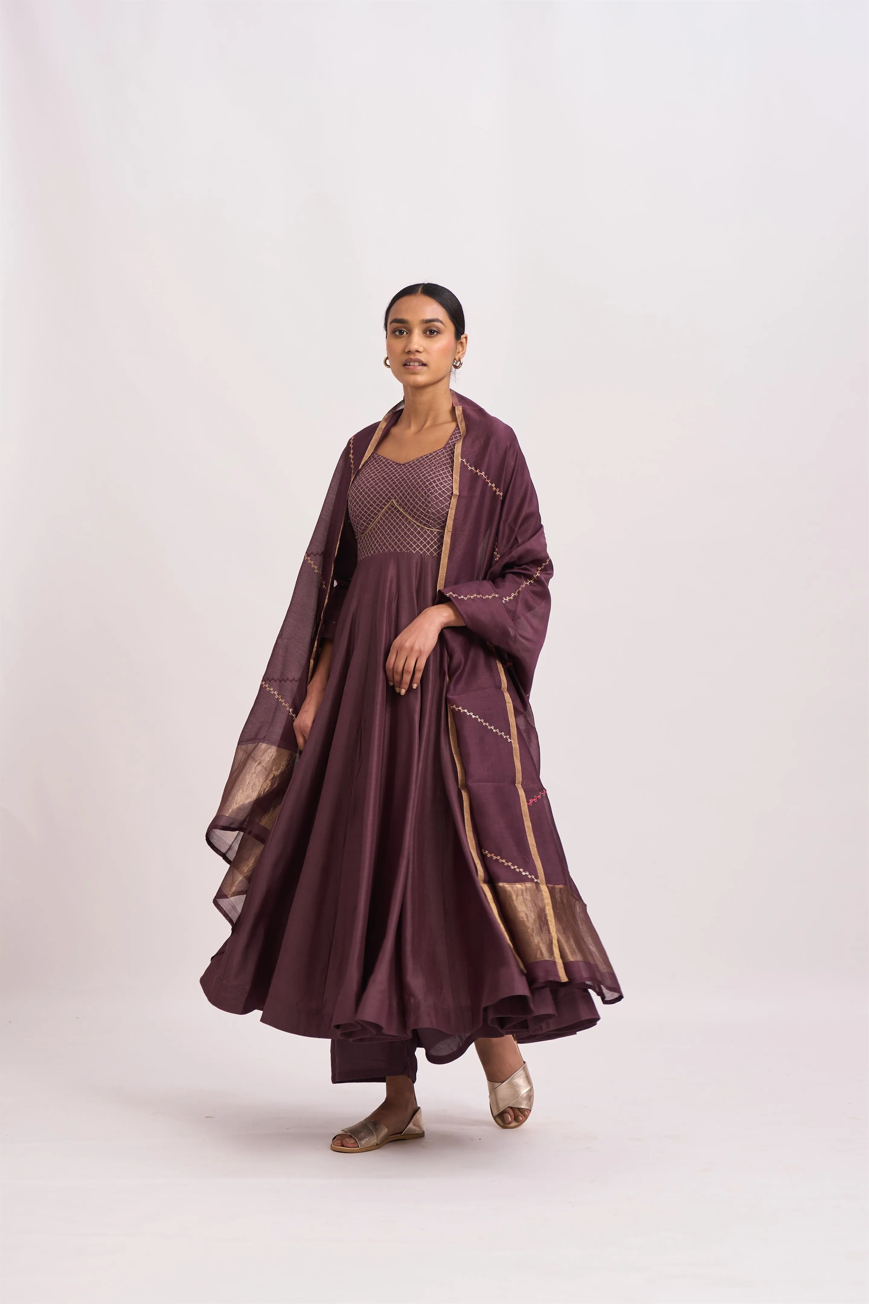 Dot   I   Lavani Bur Old Wine Kurta Set Cotton Silk Anarkali and Pants with Chanderi Dupatta Wine SS24-B2-56