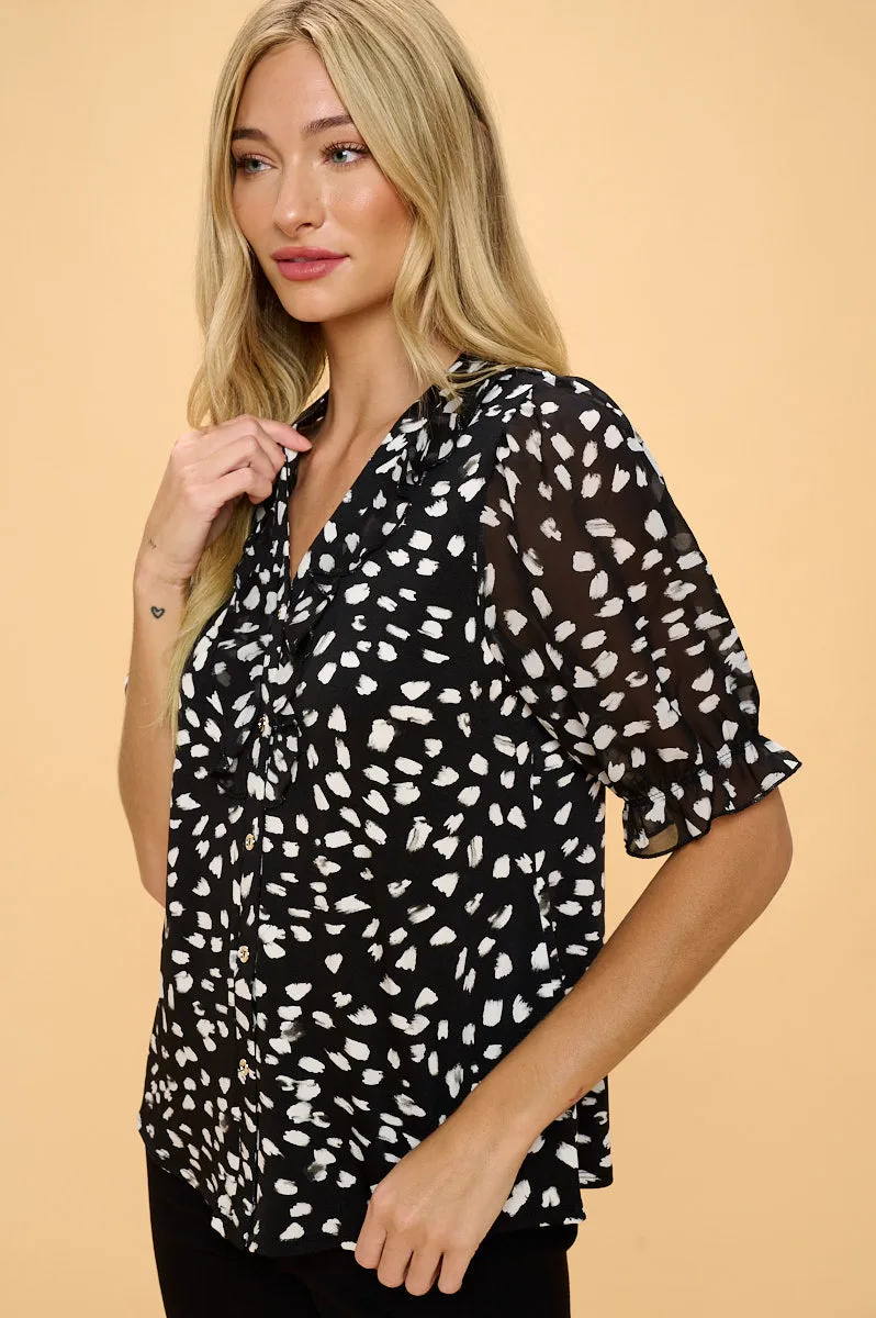 DOUBLE RUFFLE FULL BTN DOWN SHIRT BLOUSE