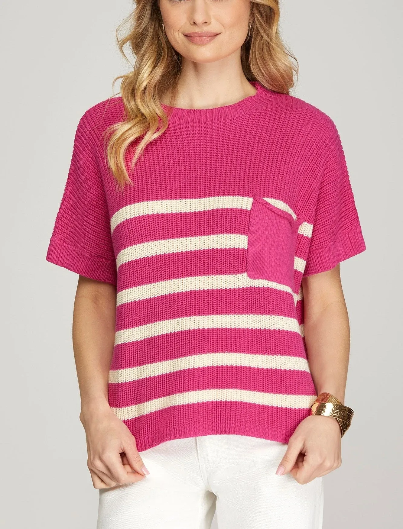 Drop Shoulder Short Sleeve Striped Sweater Top