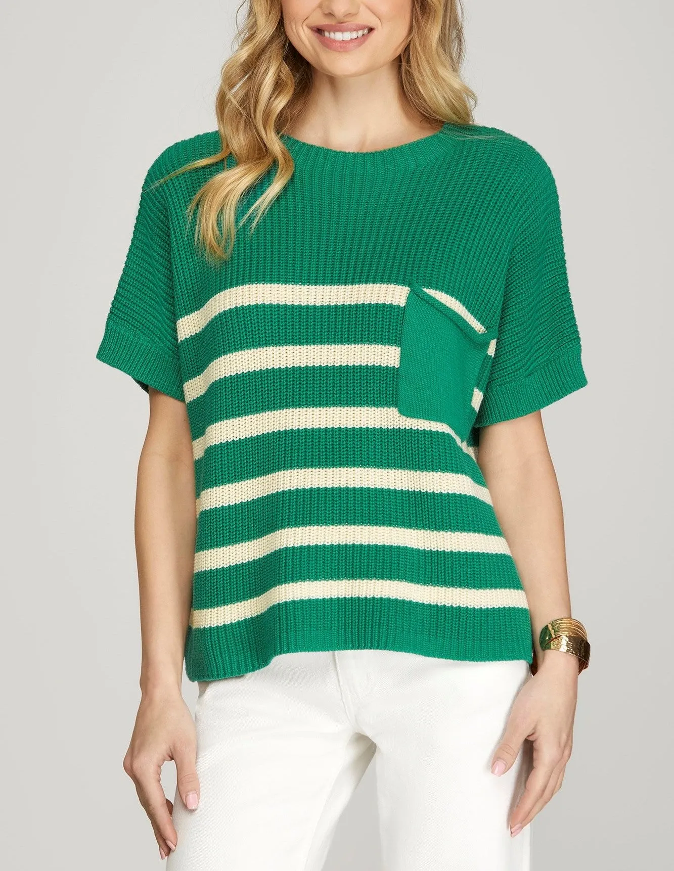Drop Shoulder Short Sleeve Striped Sweater Top