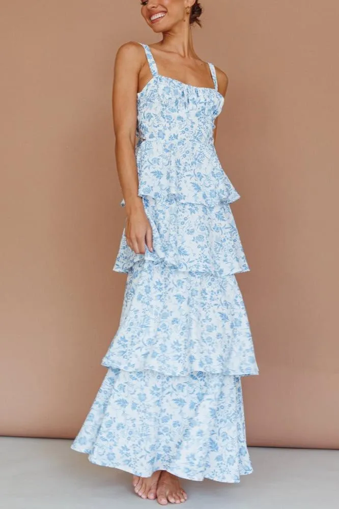 Eleanor | Provence Bloom Tiered Maxi Dress – Floral Blue