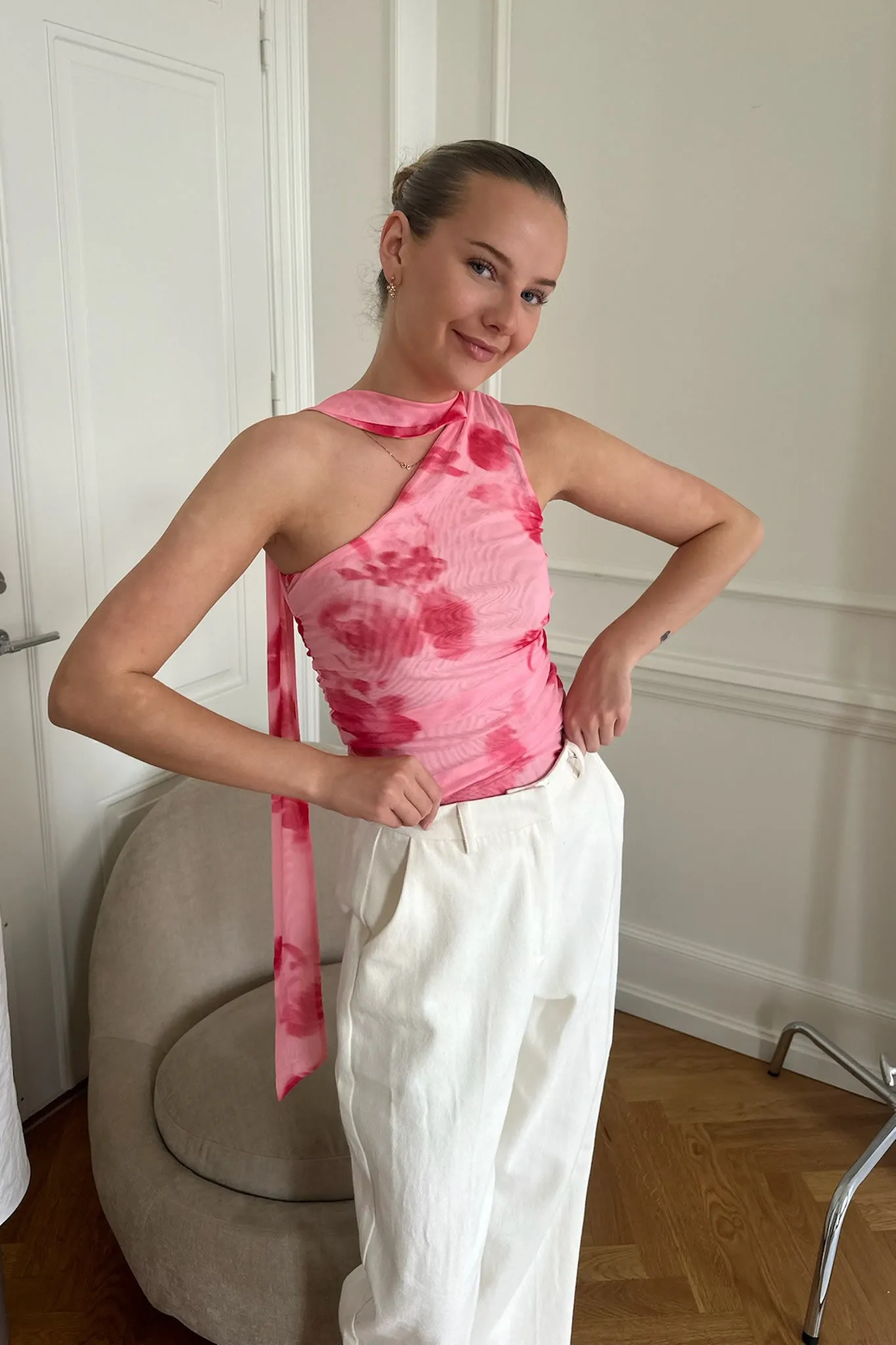 EllieIC Mesh Top - Pink Store Blomster