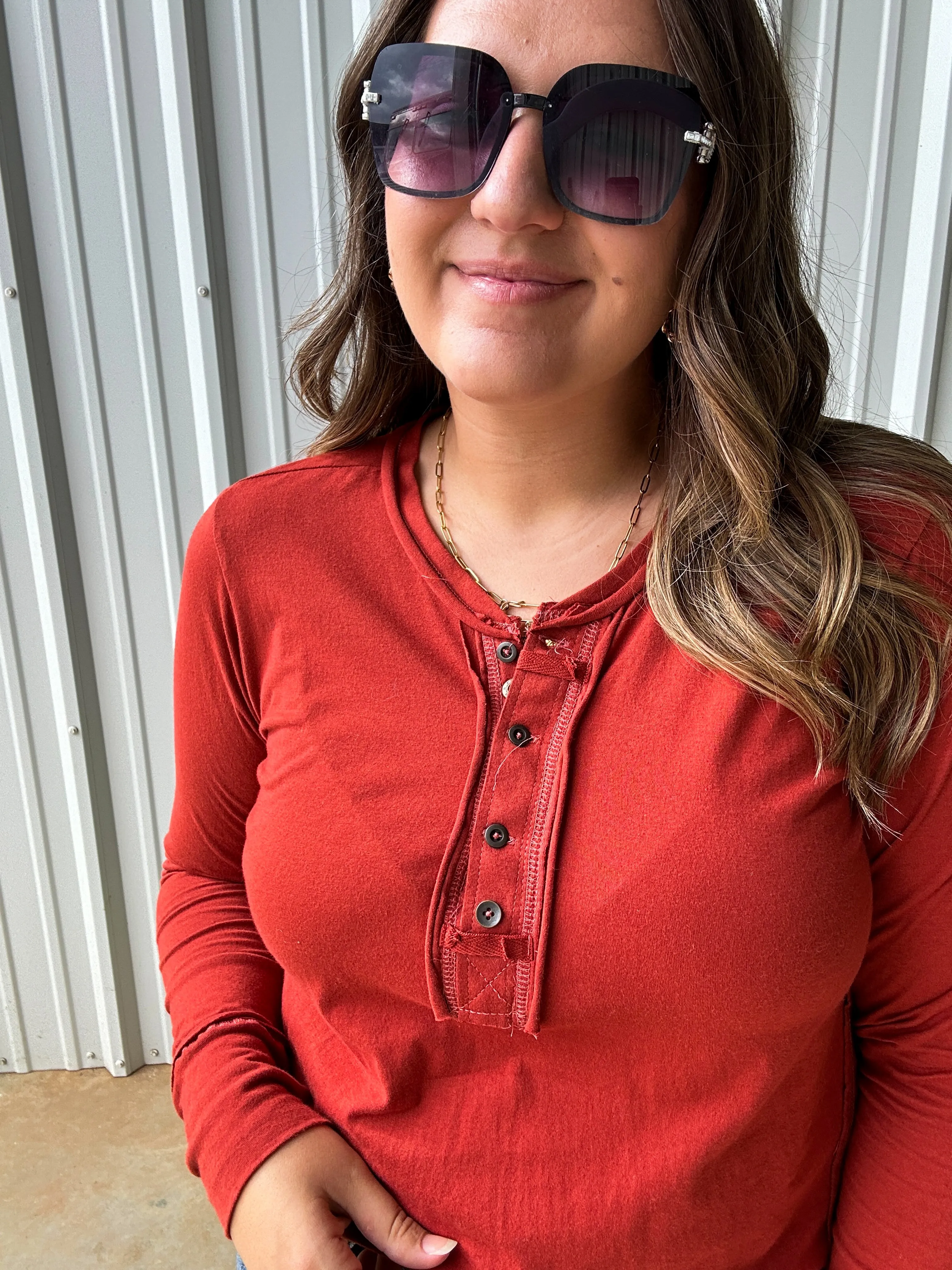 Emma Button Long Sleeve Top {Rust}